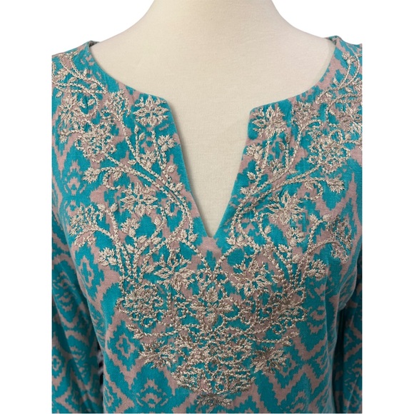 INC International Concepts embroidered tunic top size large turquoise tan gold - Picture 8 of 9